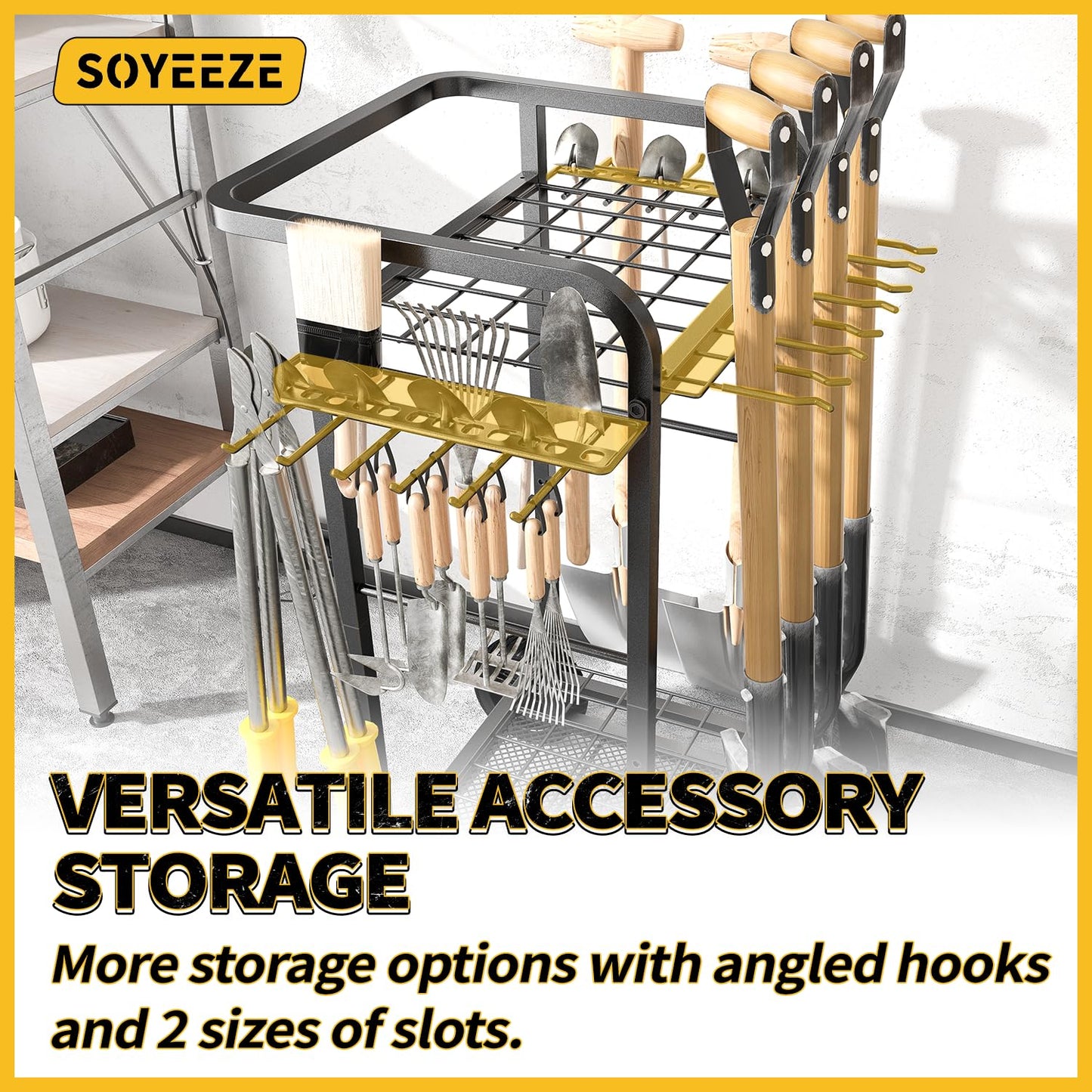 SOYEEZE Garden Tool Organizer with Large Wheels, Heavy Duty 3-Tier Yard Tower Tool Rack for Garage, Holds Up to 35 Long-Handled Tools, Garden Tool Cart with 12 Hooks for Tool Organization Storage