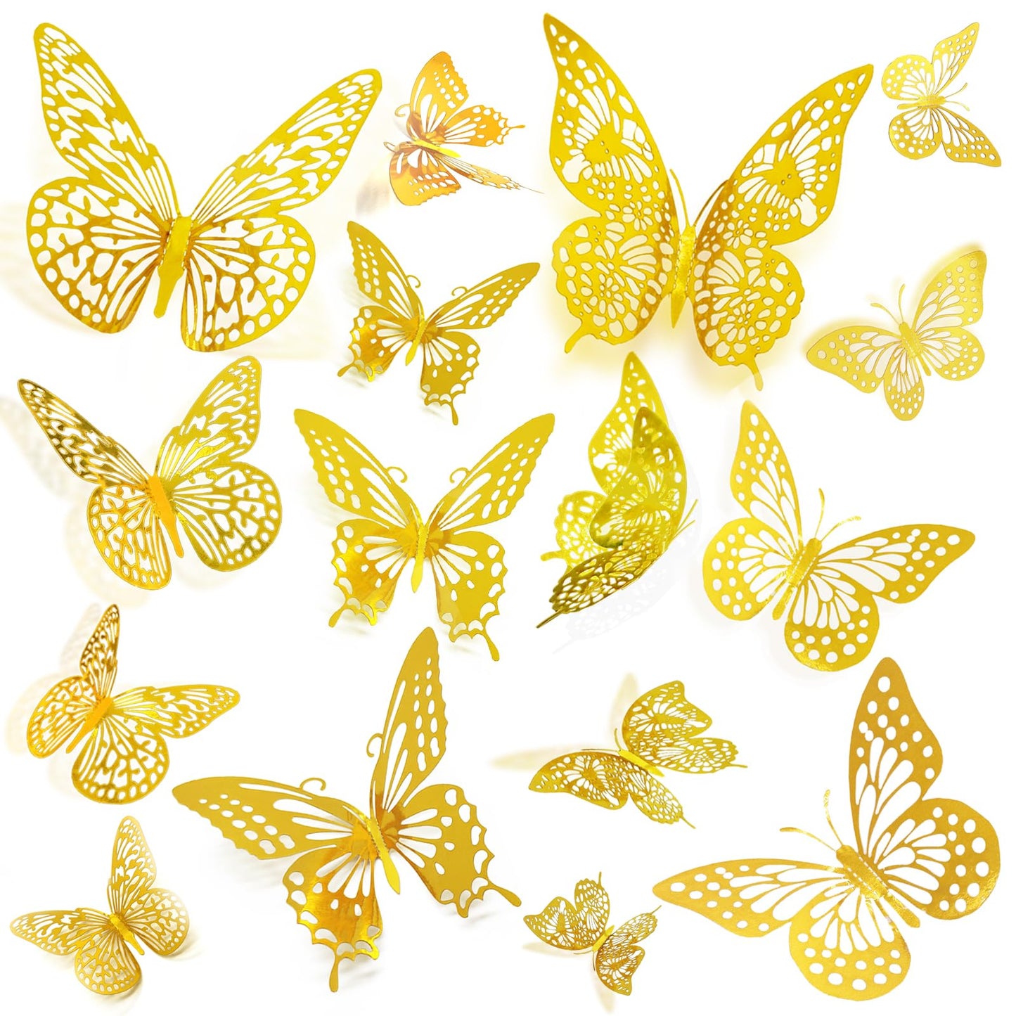 JOSDIOX 3D Butterfly Wall Decor Sticker -48 Pcs, 4 Styles, 3 Sizes Gold Butterflies Decoration for Party, Birthday & Wedding Celebrations, Cake Decorating, Balloons, Removable Stickers.