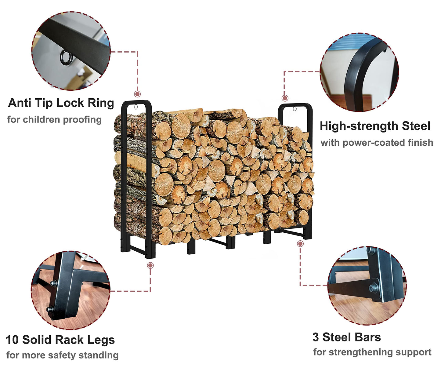 Artibear Firewood Rack Stand 6ft Heavy Duty Logs Carrier Holder for Outdoor Indoor Fireplace, Matte Black