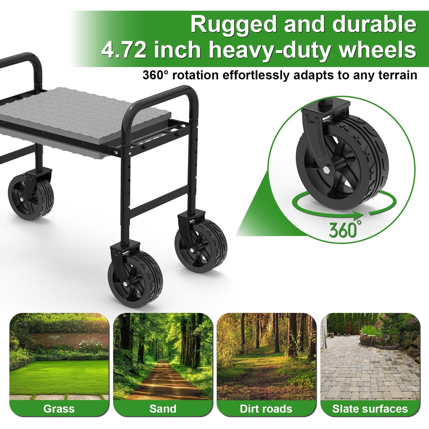NIUXX Garden Kneeler and Seat with 360° Wheels: 3-in-1 Rolling Garden Stool with Extendable Legs - Foldable Garden Seat with Thick Pad & Tool Pouches - Heavy Duty Gardening Bench for Seniors
