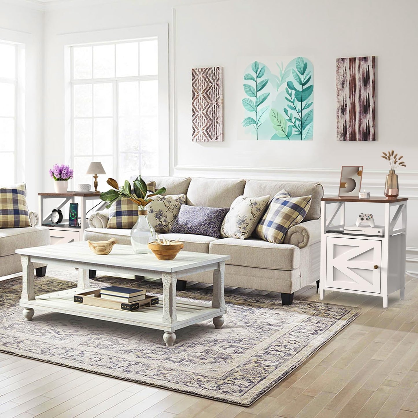 Farmhouse Side Table with Charging Station -3-Tier USB Ports & Outlets End Table, Compact Bedside Storage Table for Small Spaces, Multi-Functional Accent Table for Bedroom, Living Room, Couch Entryway