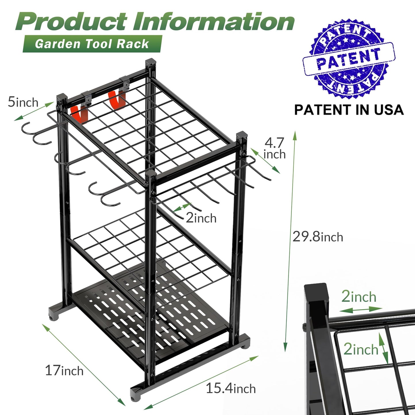 Sttoraboks Garden Tool Organizer Rack Up to 50 Tools, Heavy-Duty Steel Yard Tool Organizer for Garage Storage with 11 Hooks, Broom Holder & Garden Tool Rack for Shed, Patio, Outdoor Use, Black