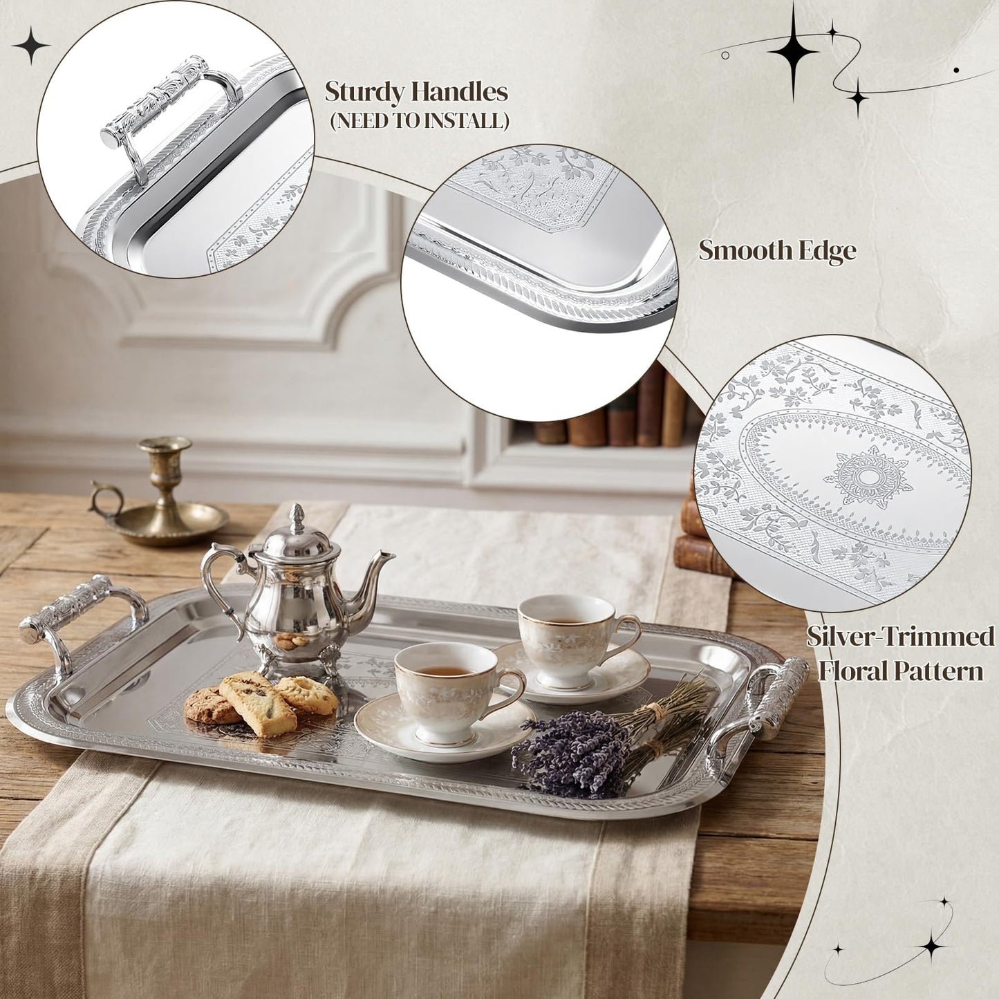 Teecyhooo 4 Pack Stainless Steel Serving Tray with Handle, 16 x 11.4 Inch Large Silver Plate Elegant Floral Metal Platter Tableware for Buffet Wedding Birthday Decorative