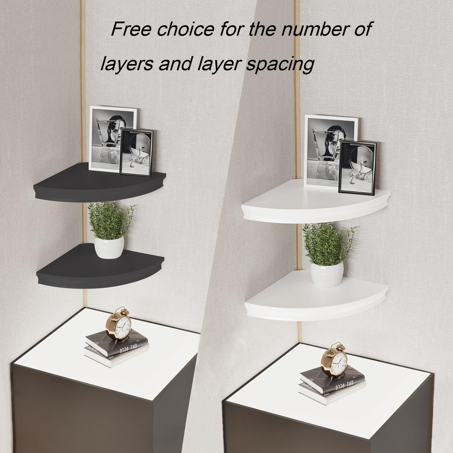 HAO Floating Corner Shelf Invisible Wall Mounted Shelves Radial Shape Cable Wire Hole Pattern Perfect for Bedroom Bathroom Living Room Kitchen Set of 2 Black