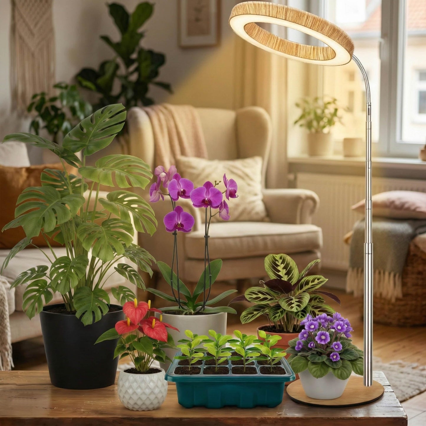 Grow Light for Indoor Plants Full Spectrum, Desk LED Plant Light with Faux Wood Grain, 12"-43" Height Adjustable, Auto On/Off Timer 3/9/12H, 3 Modes 10 Dimmable Levels for Succulents (2, Wood Grain)