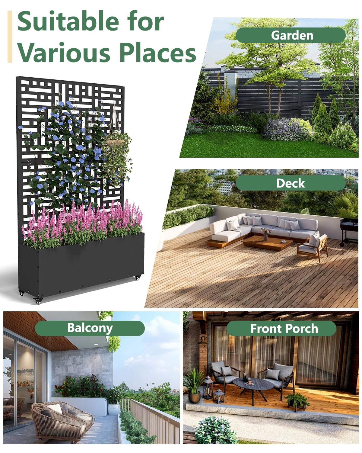 FOLAWO Metal Planter Box with Trellis,70.9"x47.2"x15.7" Raised Garden Bed with Drainage Holes, Privacy Planters for Outdoor Garden Bed for Climbing Plants,Vegetables,and Vines,Black-Modular