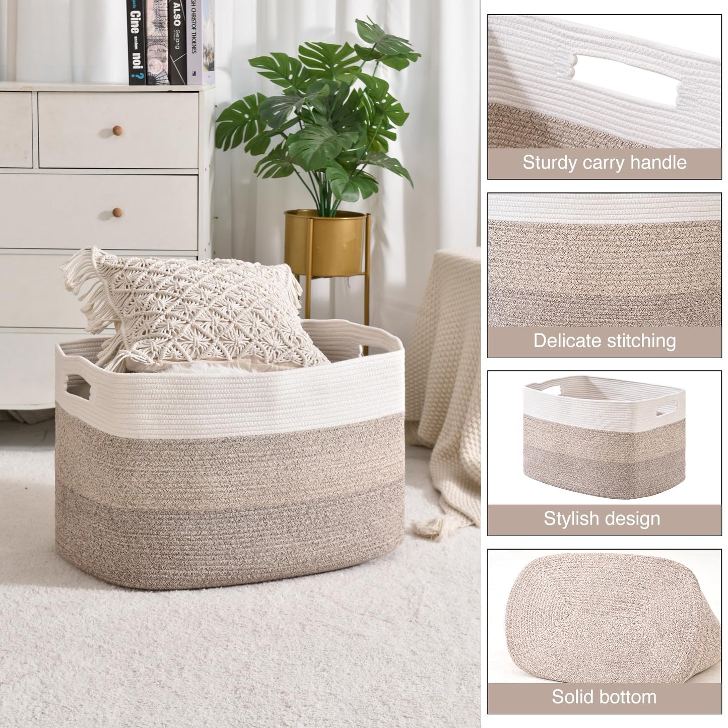 ICERZCZ Extra Large Blanket Basket Living Room, Rectangle Storage Basket, Large Woven Baskets for Storage, Cotton Rope Basket for Toys, Clothes, Gradient Brown - 25”x16”x16” (105L)