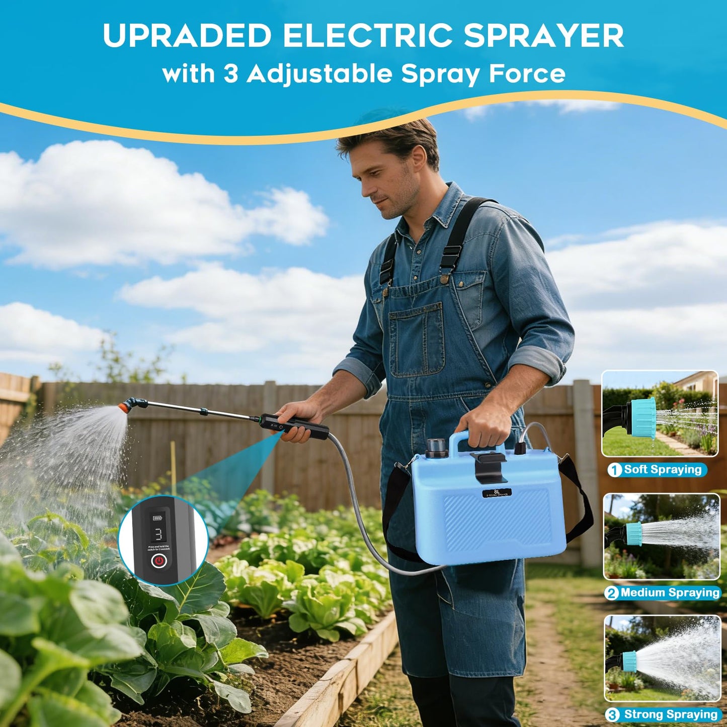 Battery Powered Sprayer 2 Gallon - Pump Sprayer Electric Garden Spray Weed Sprayer with 4 Nozzles Retractable Wand Adjustable Strap for Lawn and Yard Plant Care