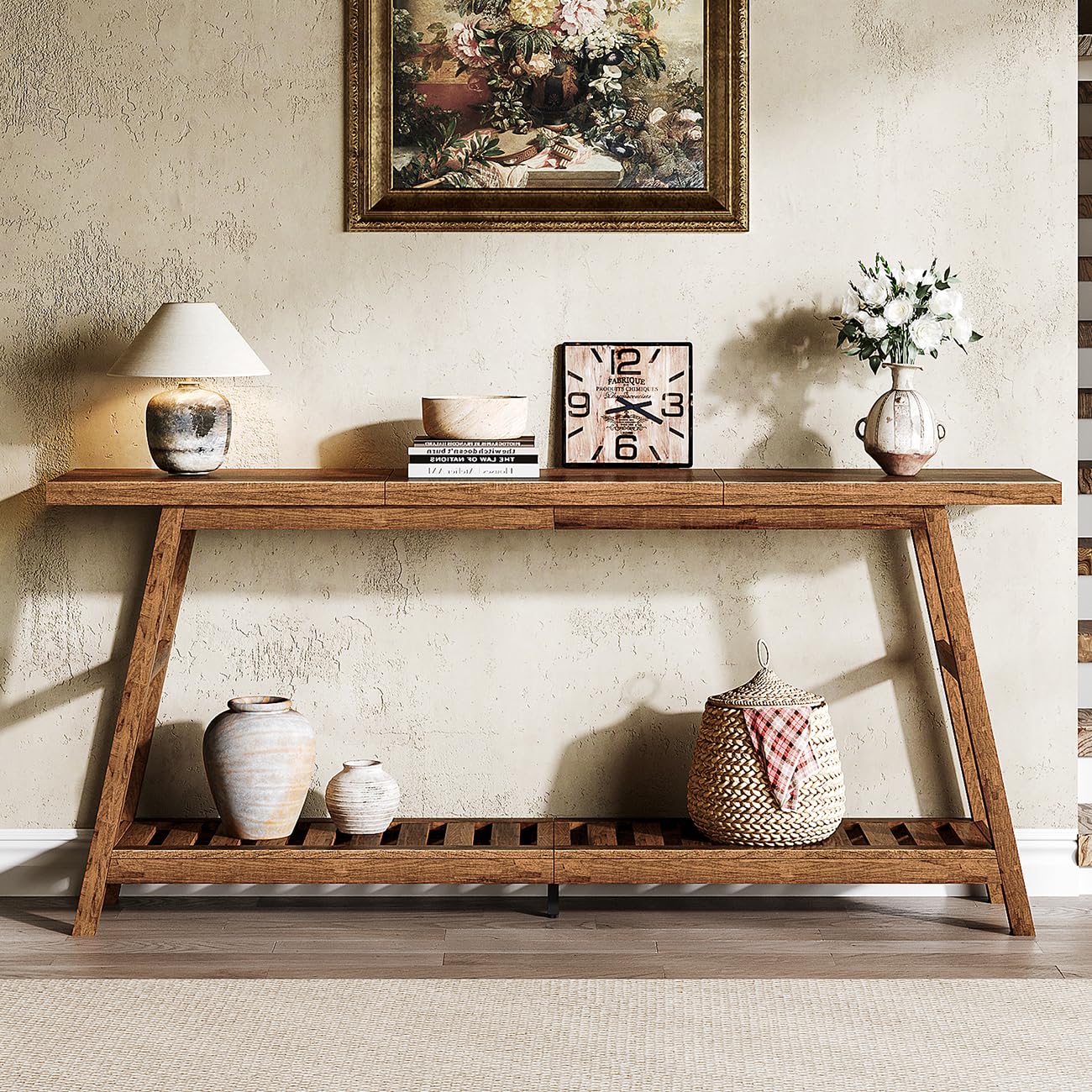 ChooChoo 70.9 Inch Long Console Tables for Entryway, Wood 2-Tier Entry Hallway Table, Narrow Sofa Table Behind Couch Table for Living Room, Entrance, Walnut