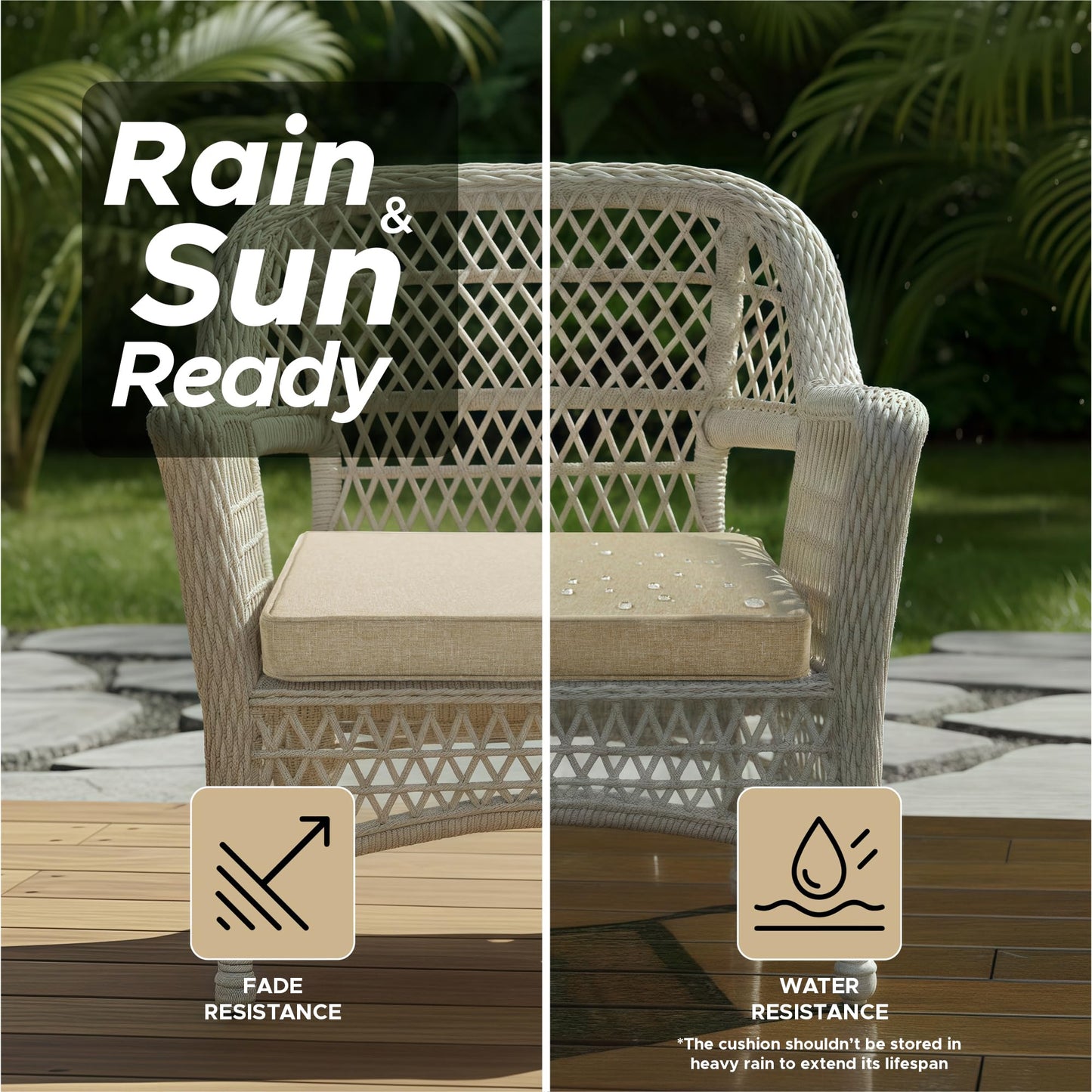 Fitfree Outdoor Chair Cushions, Water-Resistant & Fade-Resistant, Patio Furniture Square Seat Replacement Chair Pads with Ties, Removable Cover, Non-Slip Bottom, Set of 4, 19 x 19 Inch, Natural