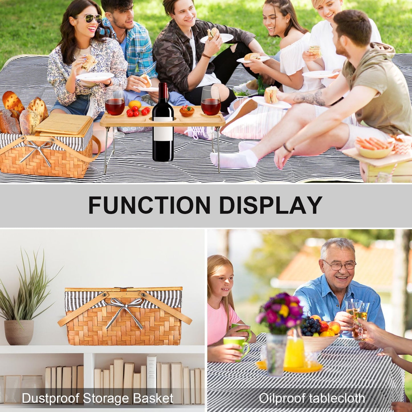 Blushtier Picnic Basket with Blankets Kit, Handwoven Natural Woodchip Basket with Lid Handle and Extra Large Foldable Waterproof Picnic Mat for Outdoor Camping Beach Grass Party Hiking Travel (Black)