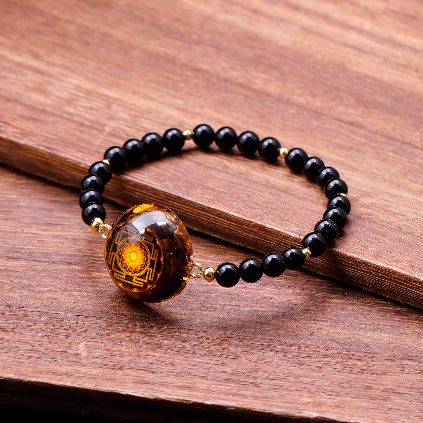 Day Day Up Natural Tiger's Eye & Black Onyx Orgone Energy Bracelet - 7 Chakra Balancing, Stretch Healing Stone Beads, Spiritual Jewelry for Protection & Wealth (Style 2)