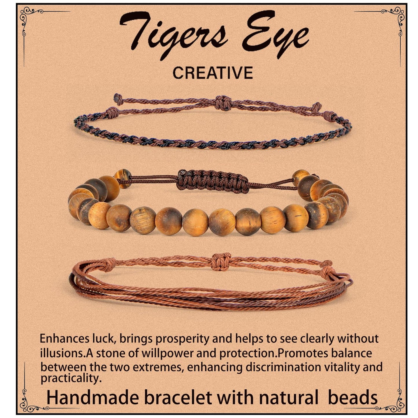 QOGIR Handmade Healing Bracelets,8mm Natural Matte Yellow Tiger Eye Gem Stone Beads Bracelet, for Men Women Gifts with 2PCS Size Adjustable Rope Bracelets