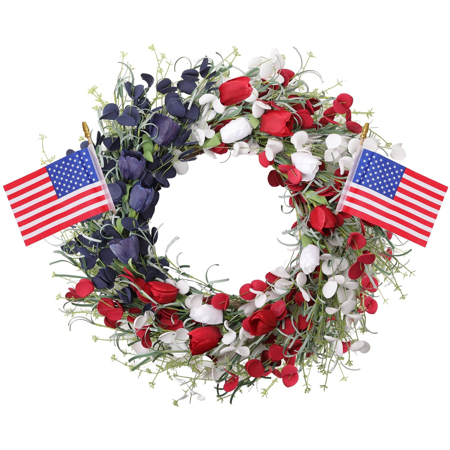 MAINGKAUNG Patriotic Wreath 22 Inch 4th of July Wreath Patriotic Wreaths for Front Door with Red White Blue Flag Tulip Eucalyptus Leaves for American Independence Day Memorial Day Flag Day Decor