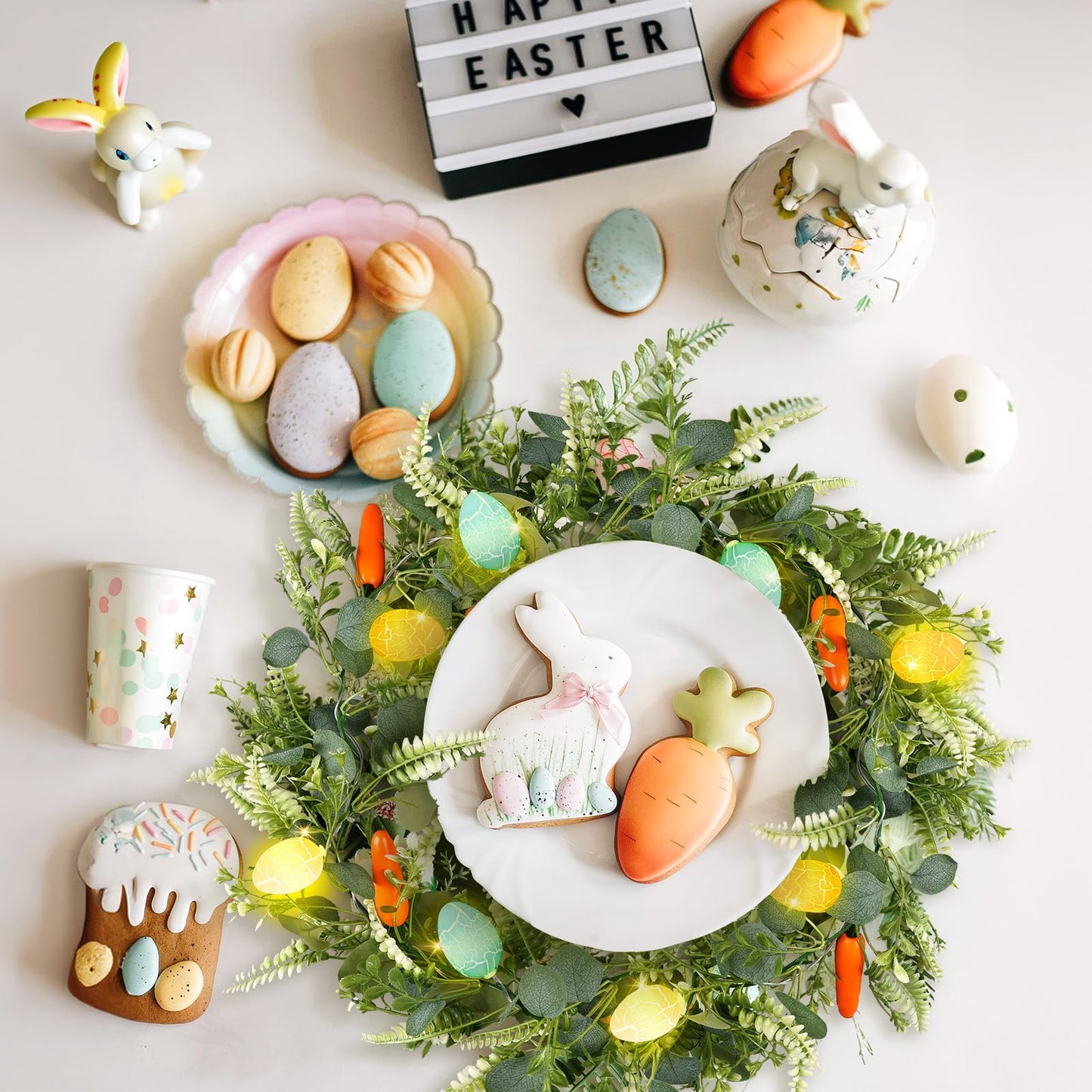 N&T NIETING 6 FT Easter Artificial Garlands with 10 Glowing Eggs & 6 Carrots, Fern Garland for Home Kitchen Fireplace Indoor Outdoor Holiday Party