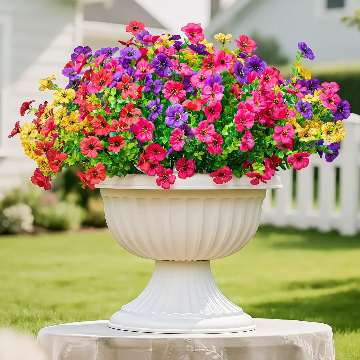16 Bundles Artificial Fake Flowers Plants for Outdoors Spring Summer Decor,Faux Flowers Plant Silk Daisy UV Resistant for Outside Planters Front Porch Patio Yard Garden Home(Red,Purple,Yellow,Fuchsia)