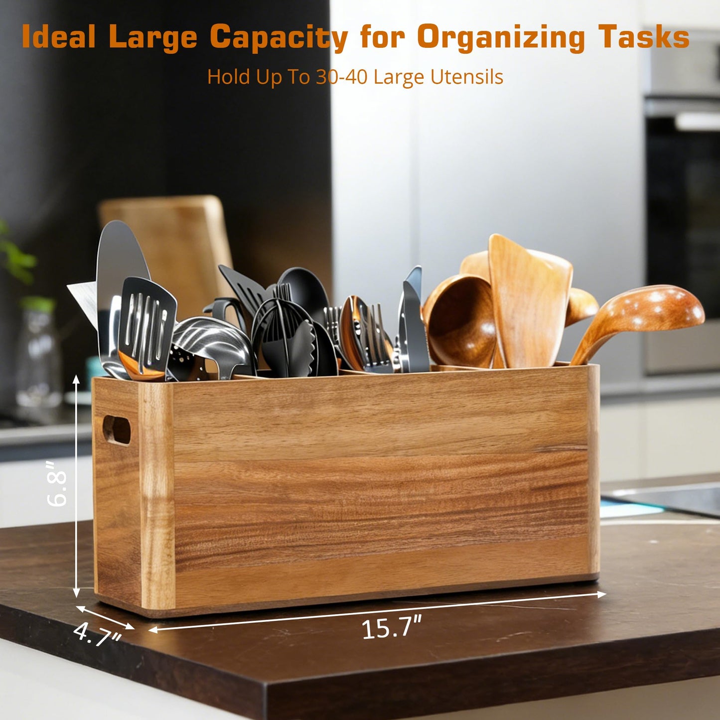 HousewoW Wooden Utensil Holder for Kitchen Counter, Cooking Utensils Holder for Countertop, Kitchen Utensils Holder for Countertop, Large Utensil Holder for Kitchen Counter (Brown, 4 Compartment)