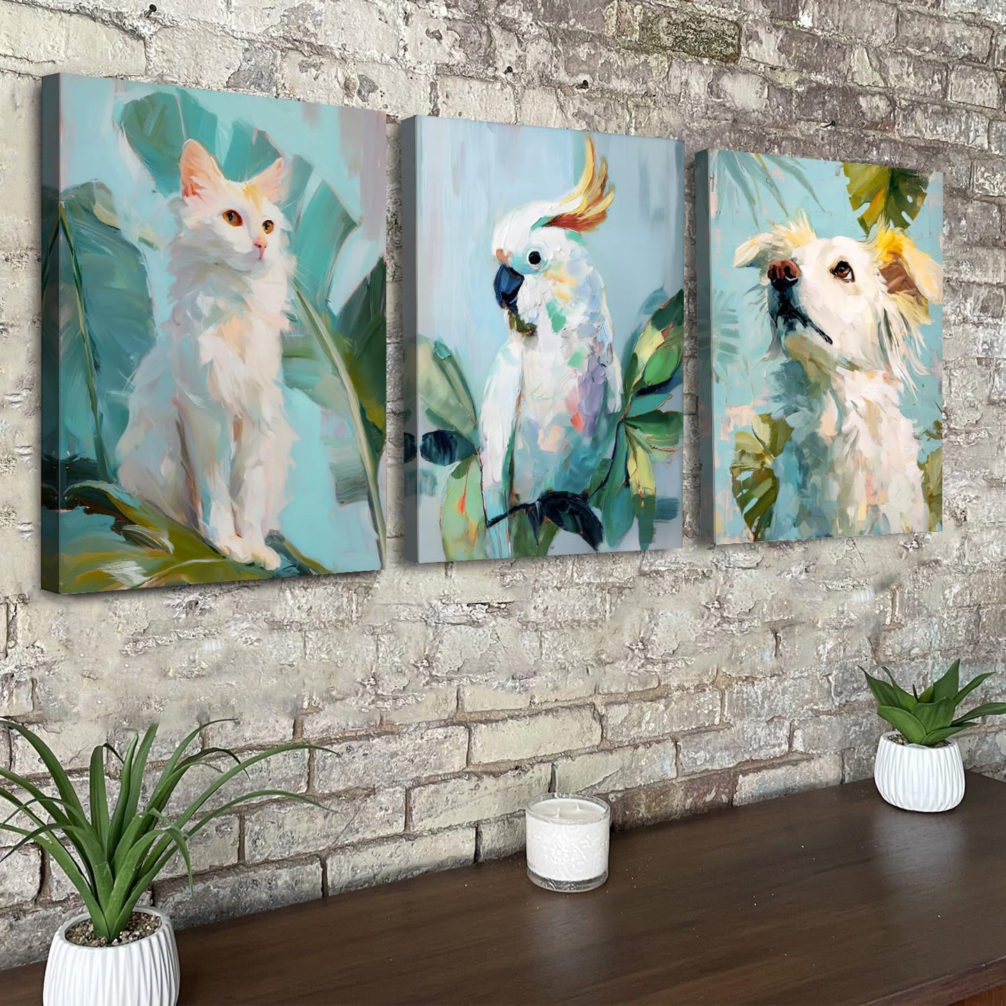 Family Pets Wall Art Cute Abstract Animal Wall Decor for Bedroom Nursery Cat Parrot Dog Pictures Boho Tropical Botanical Leaves Canvas Painting Modern Artwork Living Room Bathroom Decoration 12x16" 3P