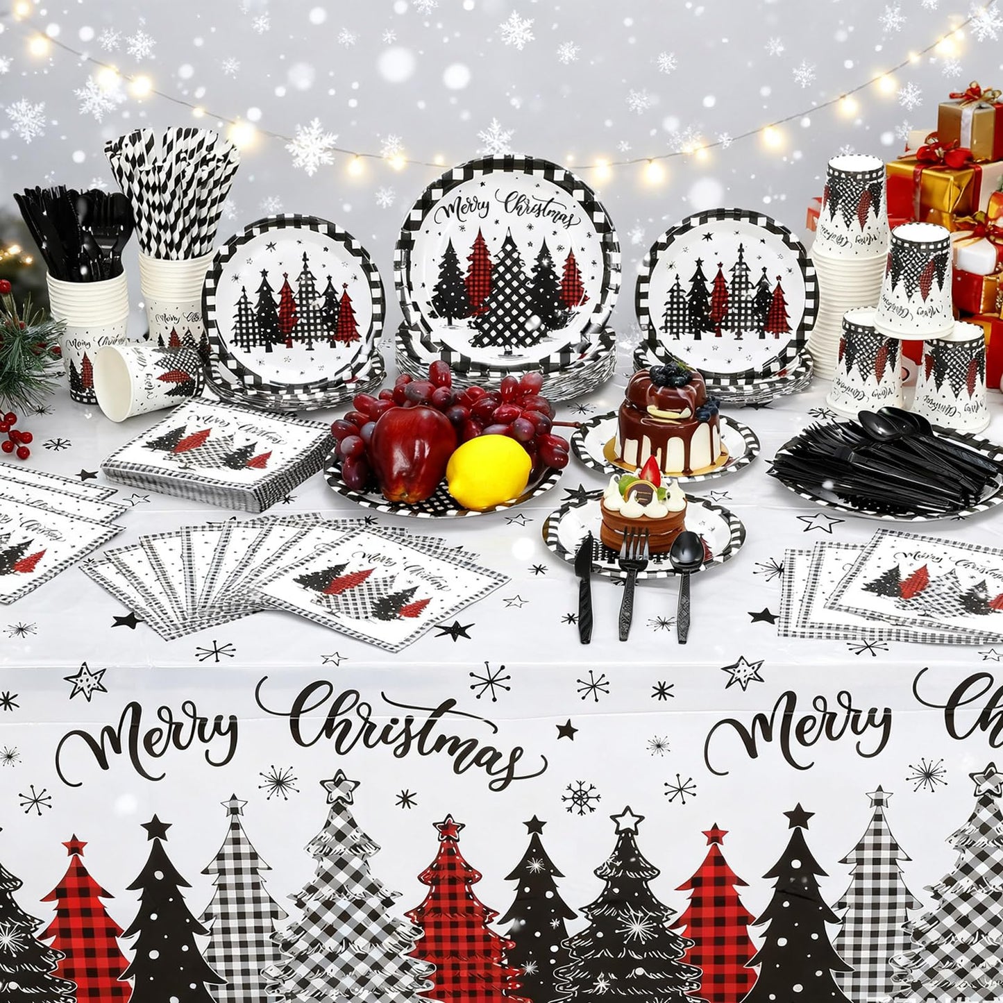 Funnymoom 452 Pcs Christmas Tree Party Supplies for 50, Black Buffalo Plaid Gingham Christmas Paper Plates Napkins Cups Tablecloth Cutlery Straws Tableware Set for Xmas Holiday Party Decorations