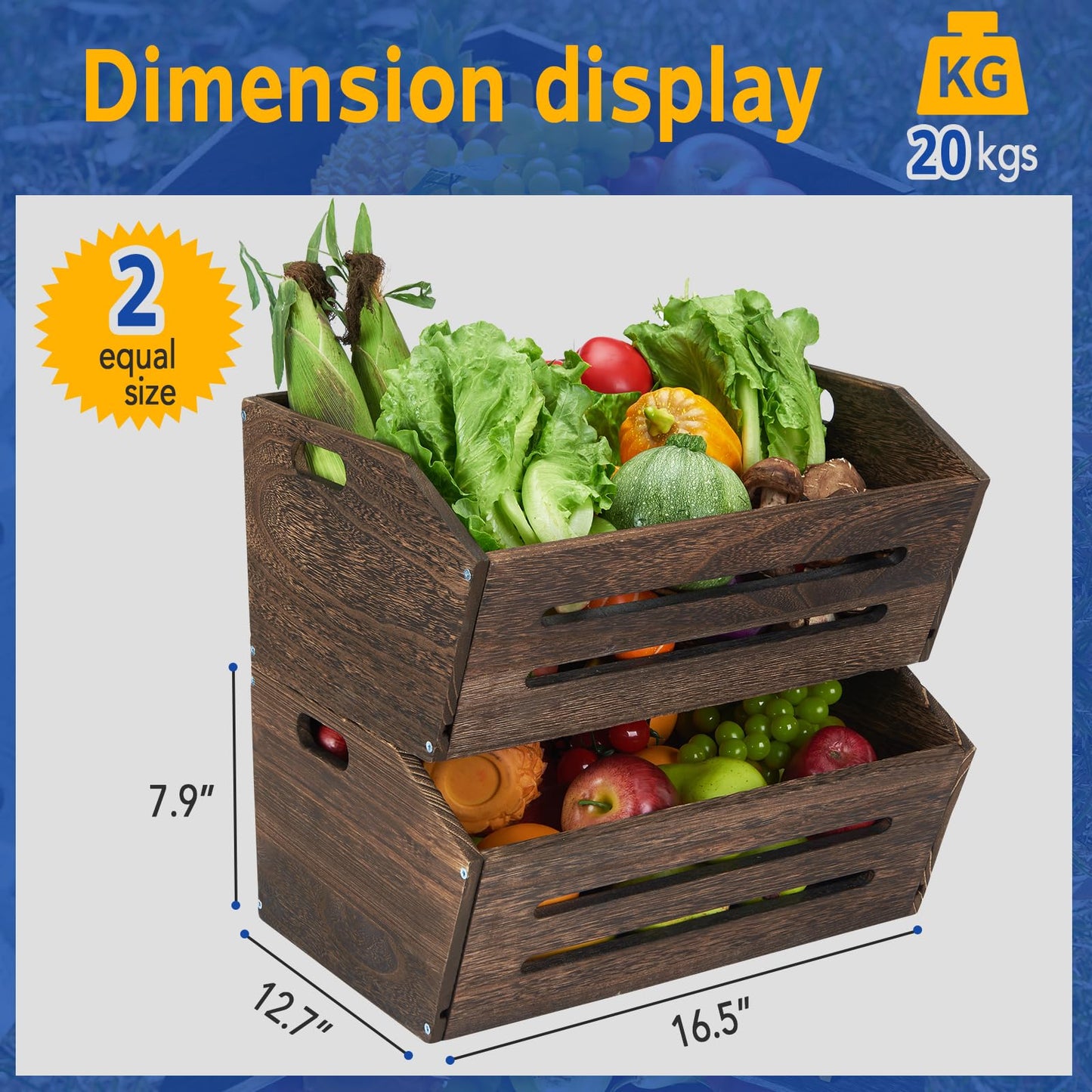 ELONG HOME Rustic Wooden Crate, 2 Pack, Brown, Large, 16.5x12.7x9 Inches, Holds Up to 45 Pounds, Decorative Farmhouse Wooden Crate Basket for Storage and Display