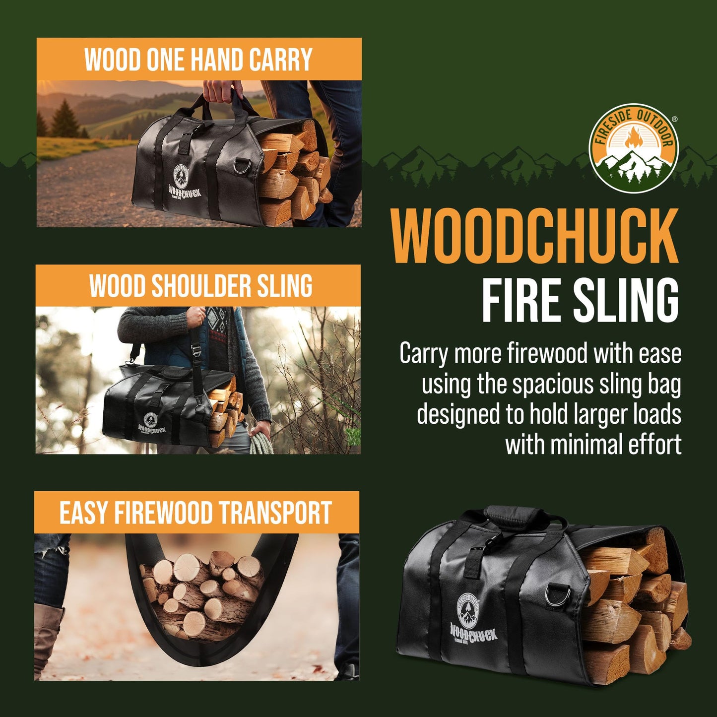 Fireside Outdoor Woodchuck Vinyl Firewood Sling - Firewood Carrier, Log Carrier for Firewood, Fire Wood Carrier Tote, Wood Carrier for Firewood Bag, Wood Carrying Bag, Firewood Carry Bag, Log Tote