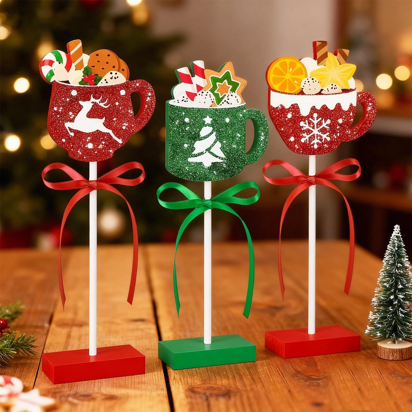 3 Pieces Christmas Table Decorations Wooden Coffee Cup Set, Red and Green Christmas Tiered Tray Decor for Home Office Kitchen Tables (Coffee Cup)