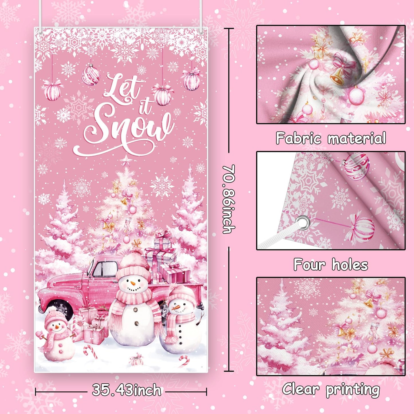 MEHOFOND 35x71inch Let it Snow Christmas Door Cover, Winter Pink Snowman Front Door Decoration, Winter Wonderland Snowman Backdrop Holiday Christmas Birthday Baby Shower Party Decor Photo Booth Props
