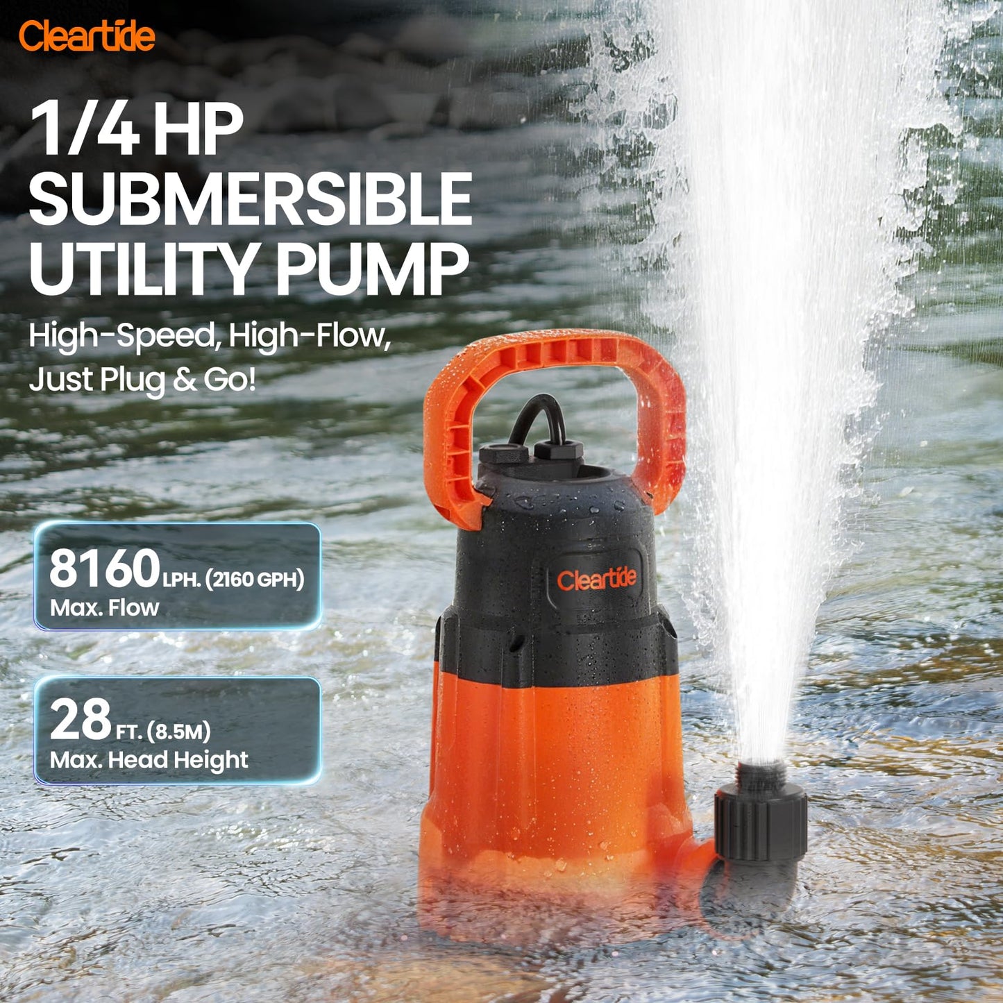 Cleartide Utility Pump, 8160 LPH Submersible Water Pump for Pool Draining, Hot Tub, Basement, 100% Copper Motor, Electric Drain Pump Handles 1/8" Solids, 10 FT Cord