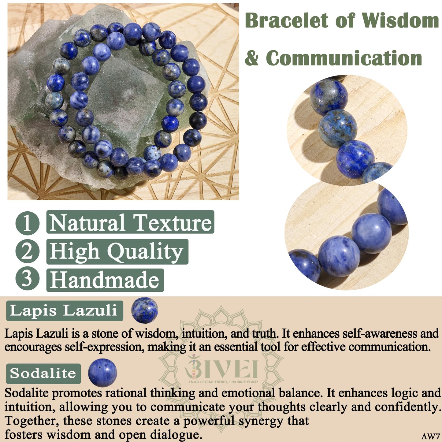 Bivei Natural Gemstone Semi Precious Crystals Handmade Stretchy Round Beads Bracelet, Enhance Positive Energy,Stocking Stuffers for Women(Lapis Lazuli & Sodalite(Wisdom & Communication) Medium)