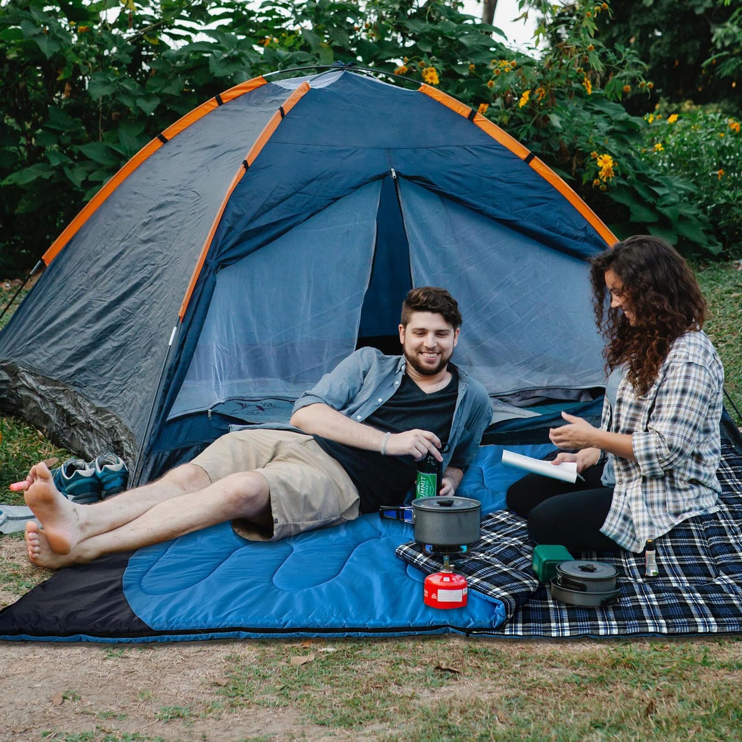 WKFAMOUT Cotton Flannel Double Sleeping Bag for Adults Machine Washable 2 Person Camping Sleeping Bag Queen Size Waterproof with Compression Sack for Cold Weather 3-4 Seasons