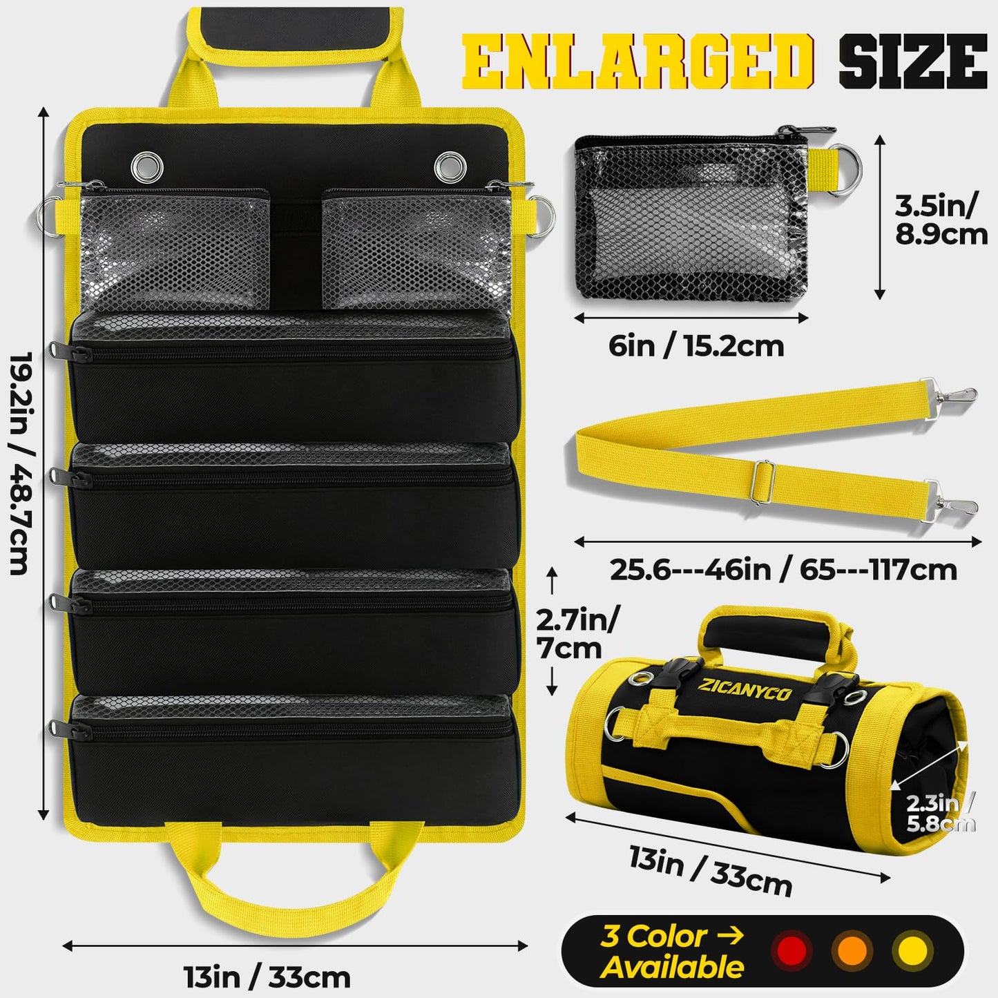 ZICANYCO Roll Up Tool Bag, Heavy Duty See-Through Tool Roll Organizer with 2 Detachable Pouches, Portable Mechanic & Motorcycle Tool Bag, Birthday & Father’s Day Gift, Yellow