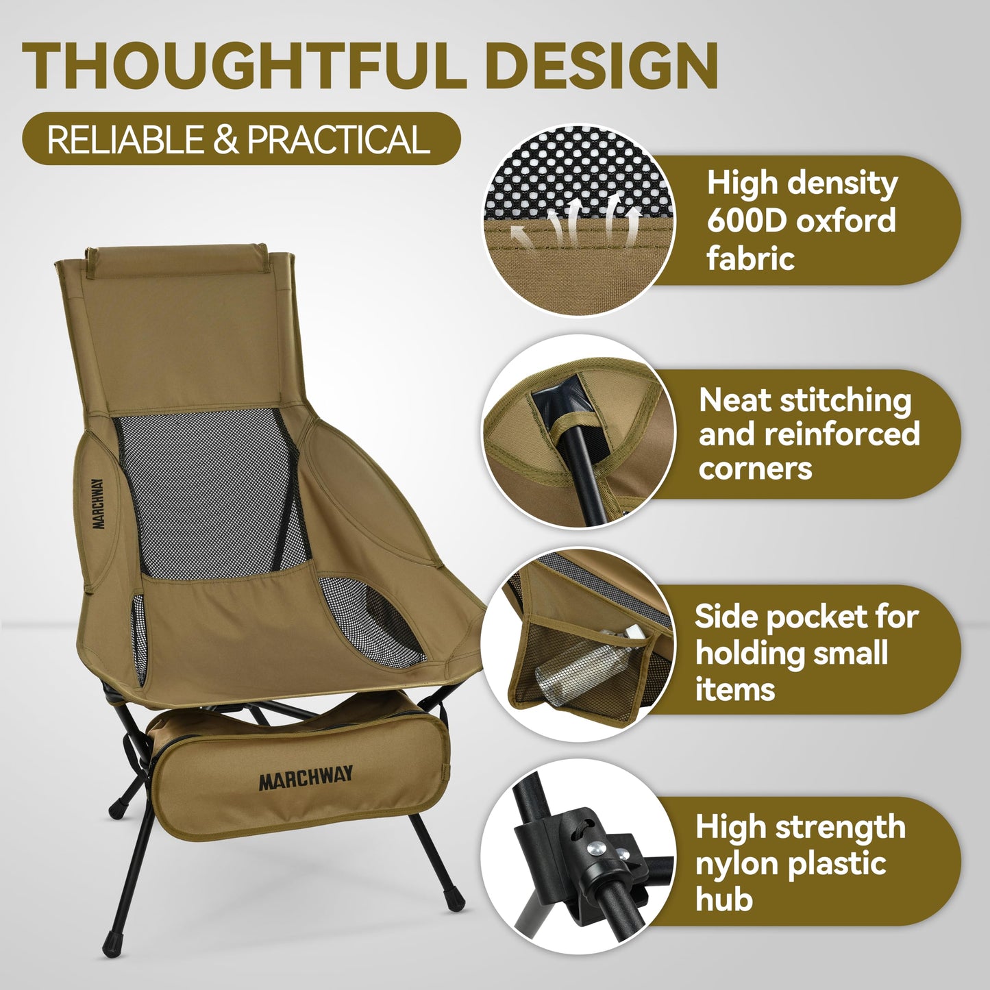 MARCHWAY Lightweight Folding High Back Camping Chair with Head Support, Stable Portable Compact for Outdoor Camp, Travel, Beach, Picnic, Festival, Hiking, Backpacking (Highback Khaki)