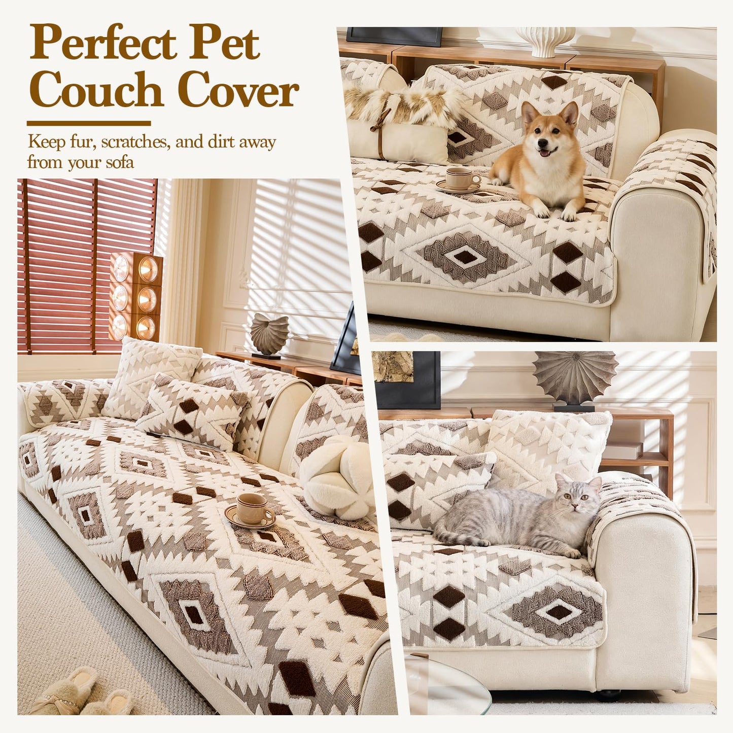 WEYOND Pet-Friendly Couch Covers for Sofa, Soft Plush Washable Sofa Covers for Dogs, Non-Slip Furniture Protector (Seat Cover, Coffee, 35.5" x 63")