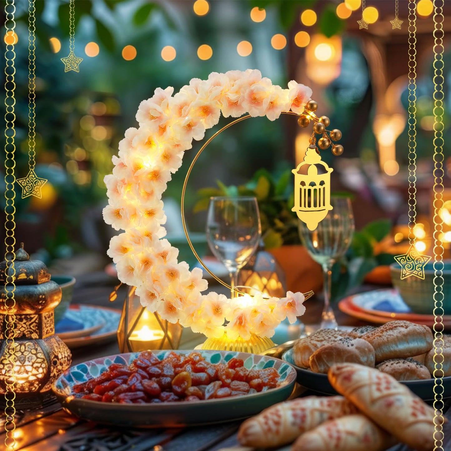 Yookeer Ramadan Decorations Eid Mubarak Table Decor Lighted Moon Shaped Wreaths with Castle for Fireplace Office Bedroom Party Supplies Muslim Party Tabletop Decor Home(Camellia)