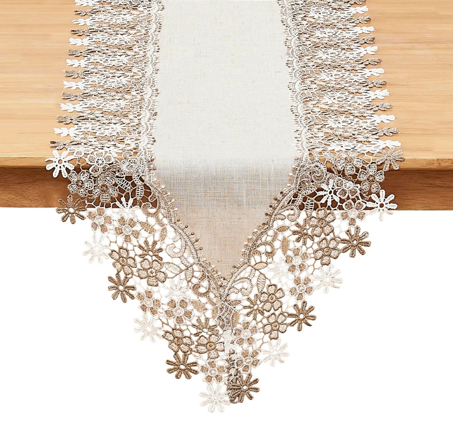 Winotic Natural Neutral Earth Tones Beige Floral Lace Table Runner Dresser Scarf 36 inches Long for Home Decor (16” x36”, Natural)