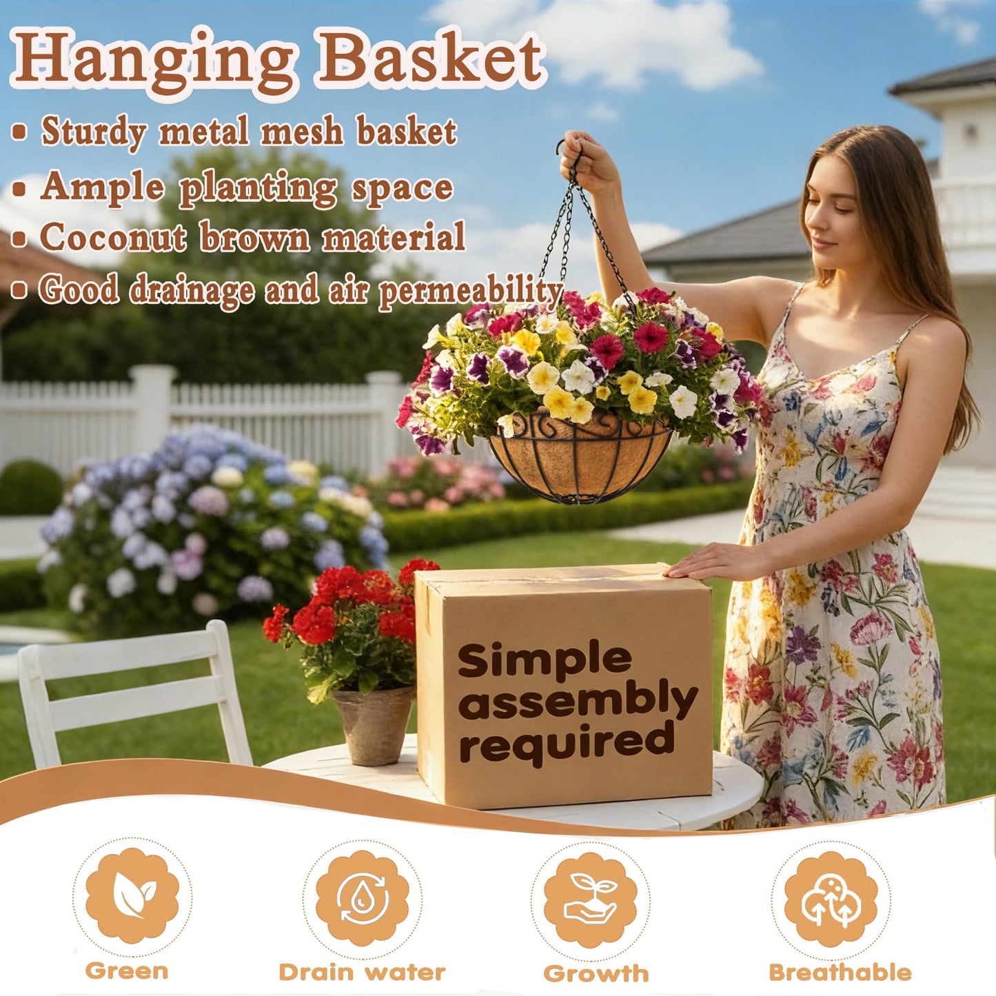 12 inch Metal Hanging Baskets For Plants Outdoor 4 Pack Round Metal Wire Hanging Basket Planter with Coco Fiber Liners Chain Round Wire Plant Holder for Garden, Patio, Deck, Porch Plants Flower Potss