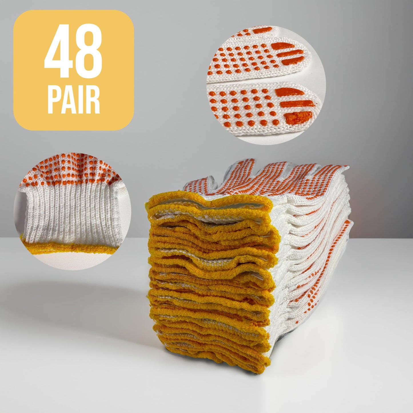Winterlace 48 Pairs Cotton Grip Work Gloves Bulk Safety Protection Non-Slip PVC Rubber Dots Garage Construction Warehouse Wholesale (48 Pairs - Orange Dots)