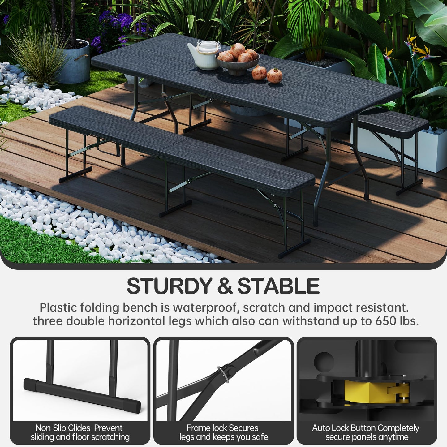 VSOAEIL 6 Foot Folding Bench, Portable Plastic Folding Bench Seat, Foldable Seat for Indoor Outdoor Picnic Camping Dining, Soccer Garden Multipurpose Entertaining Activities, Black, 2 Pack