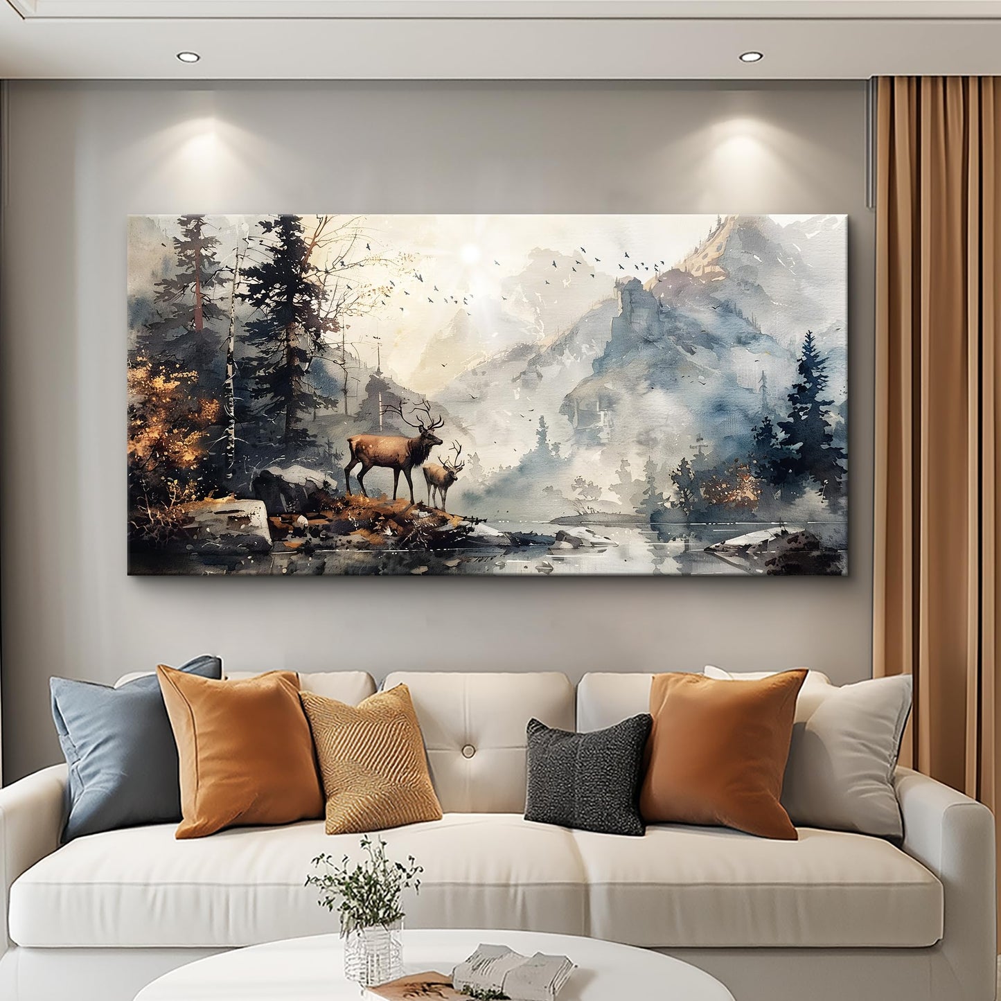 FUHAIHUA Canvas Wall Art For Living Room Framed Wall Decor For Bedroom Office Mountain Forest Landscape Ink Paintings Deer Pictures Artwork Modern Aesthetic Home Decor 20x40 In