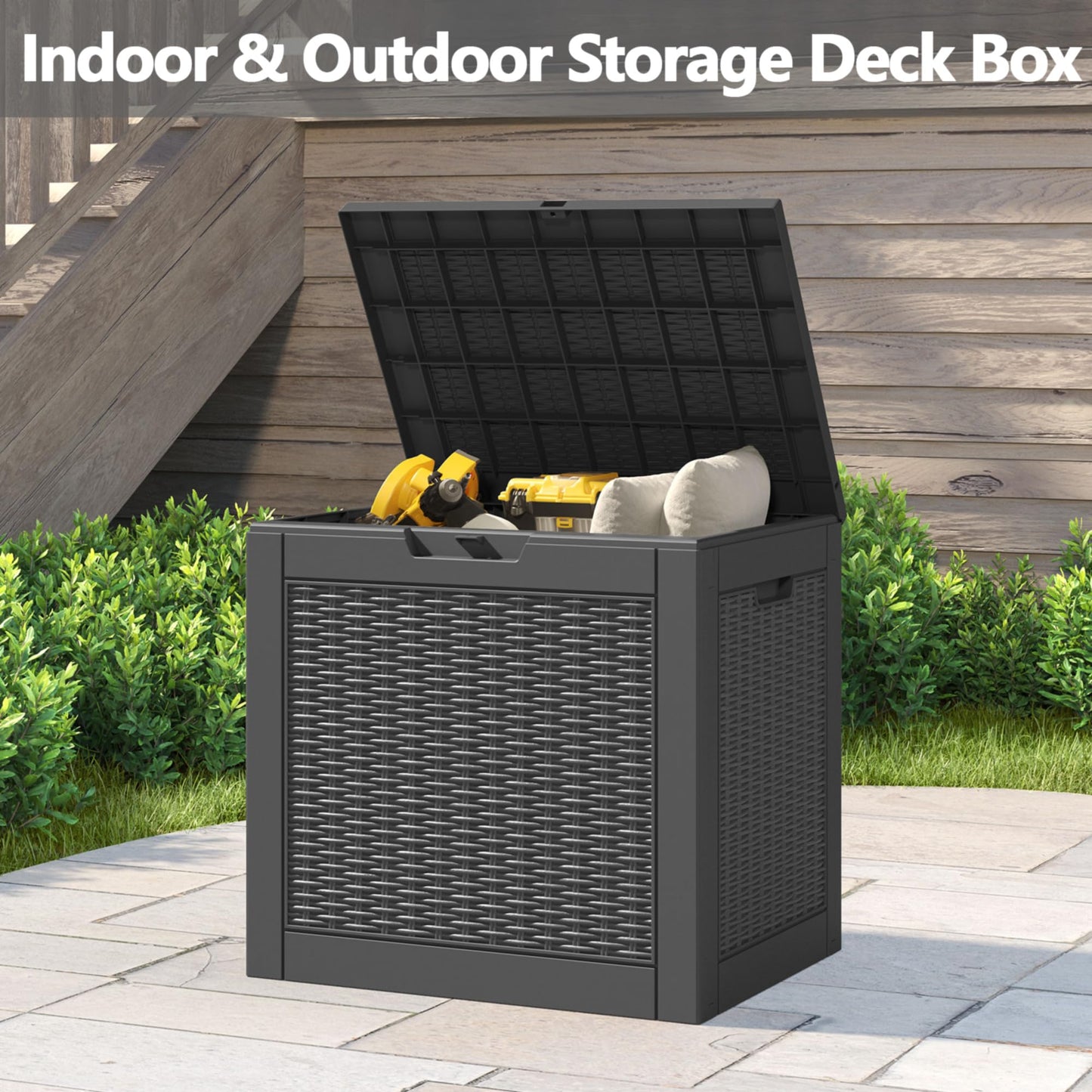 LHBGO 31 Gallon Deck Box, Resin Outdoor Storage Box, Waterproof and UV Resistant Deck Box, Lightweight Storage Box for Garden Tools, Pool Supplies
