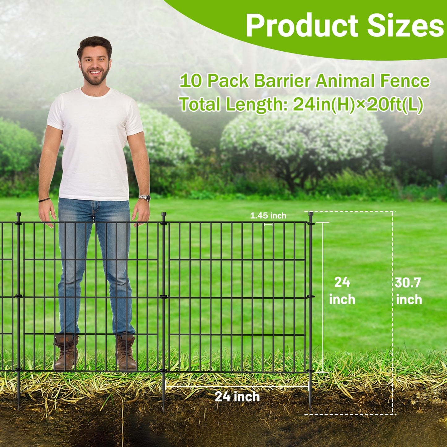 10 Panels No Dig Decorative Outdoor Garden Fence for Yard, 24 in(H) X 20 ft(L) Animal Barrier Fencing Rustproof Metal Wire Panel Border for Dog, Rabbits, and Patio Temporary Ground Stakes
