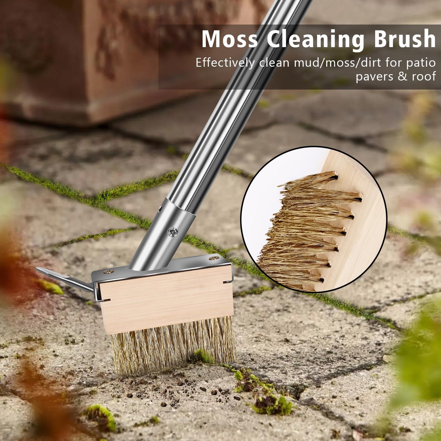 GHWMYD Crack Weeder Brush Heavy Duty Wire Broom Set, Multifunction Moss Grout Remover with Scraper Weed Puller, Detachable 64.9in Handle for Outdoor Deck Pavers Patios Walkways Concrete Floor Cleaning