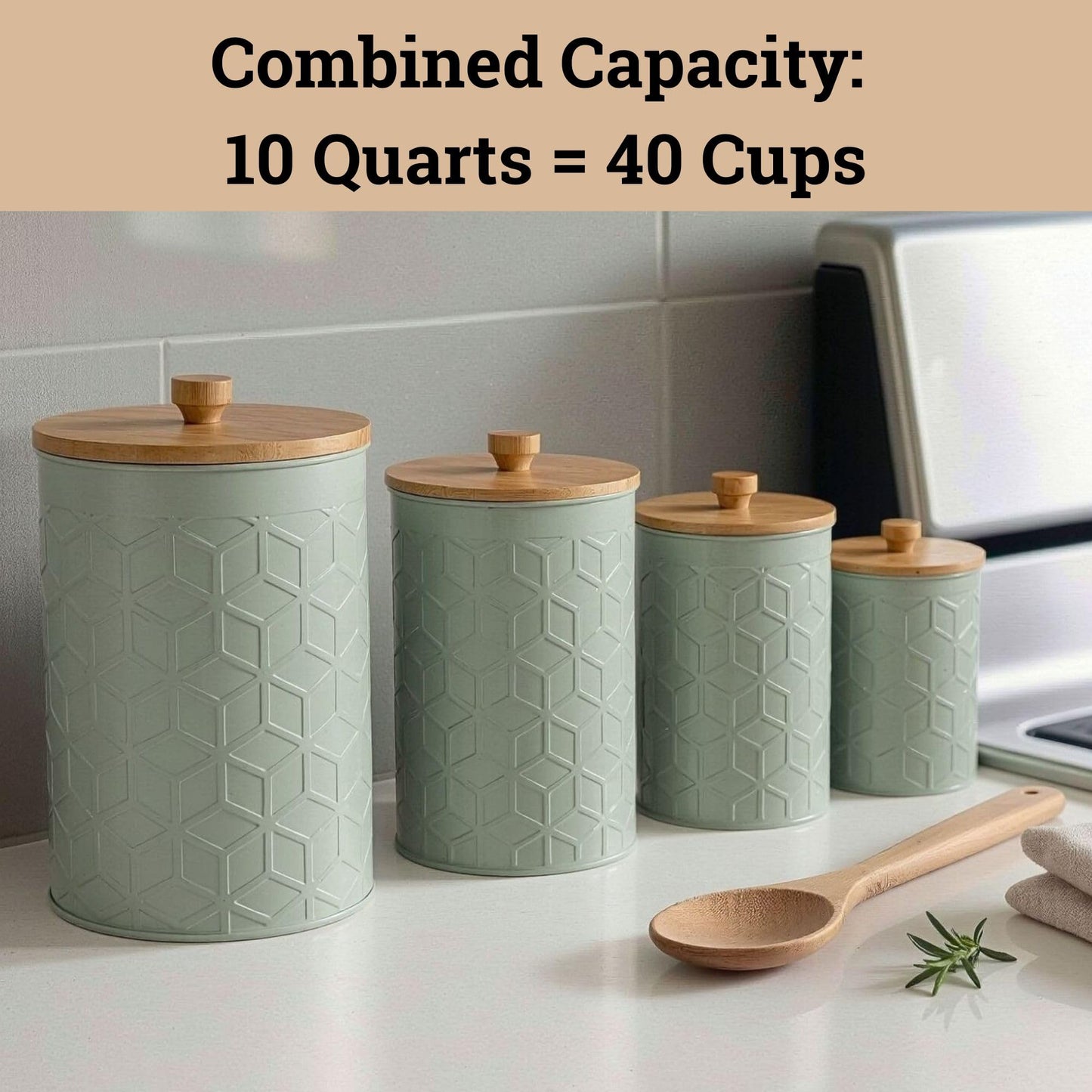 Kitchen Canisters for Countertop Set of 4 - Textured Iron Kitchen Canisters with Airtight Lids - Flour Sugar Canister Set - Flour and Sugar Containers Farmhouse - Coffee Jar for Counter - Sage Jar x4