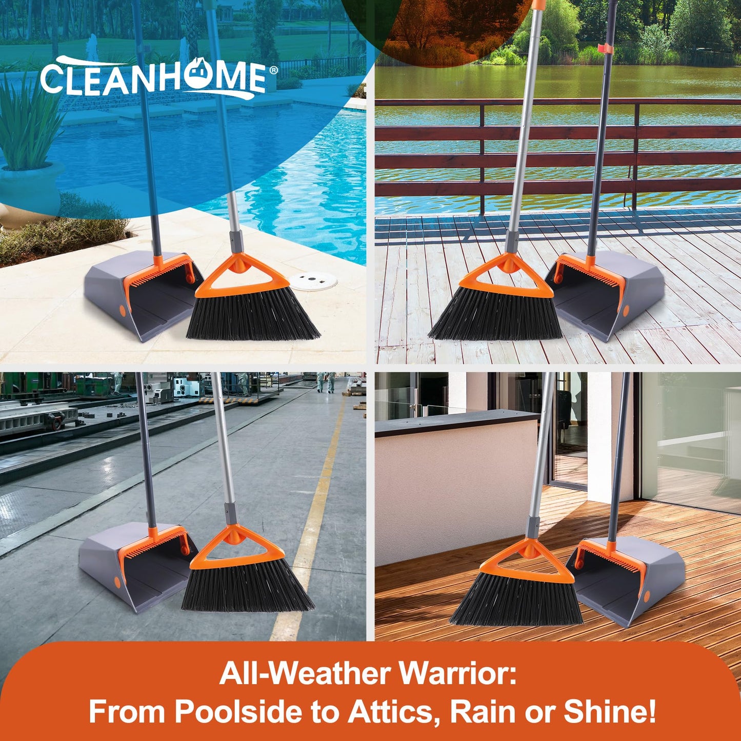 CLEANHOME Heavy Duty Outdoor Broom and Dustpan Set with Long Handle, Standing Dustpan & Split-End Bristles for Patio, Garage, Deck, Leaves Debris Cleaning