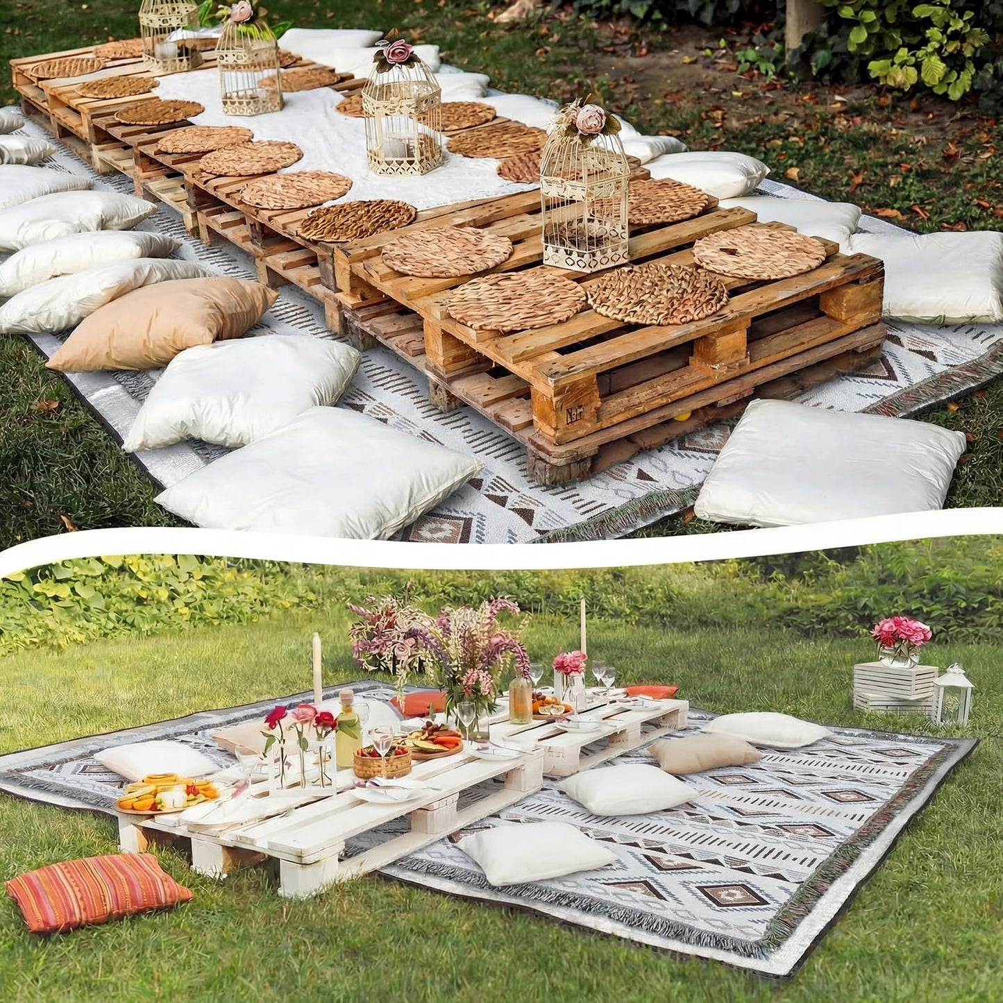 Hahafelt 91x 71 in Extra Large Outdoor Picnic Blanket with Waterproof Mat Oversize Beach Woven Cotton Yarn Blanket with Fringe Machine Sandproof for Spring Summer Camping Beach Park(Diamond,Brown)