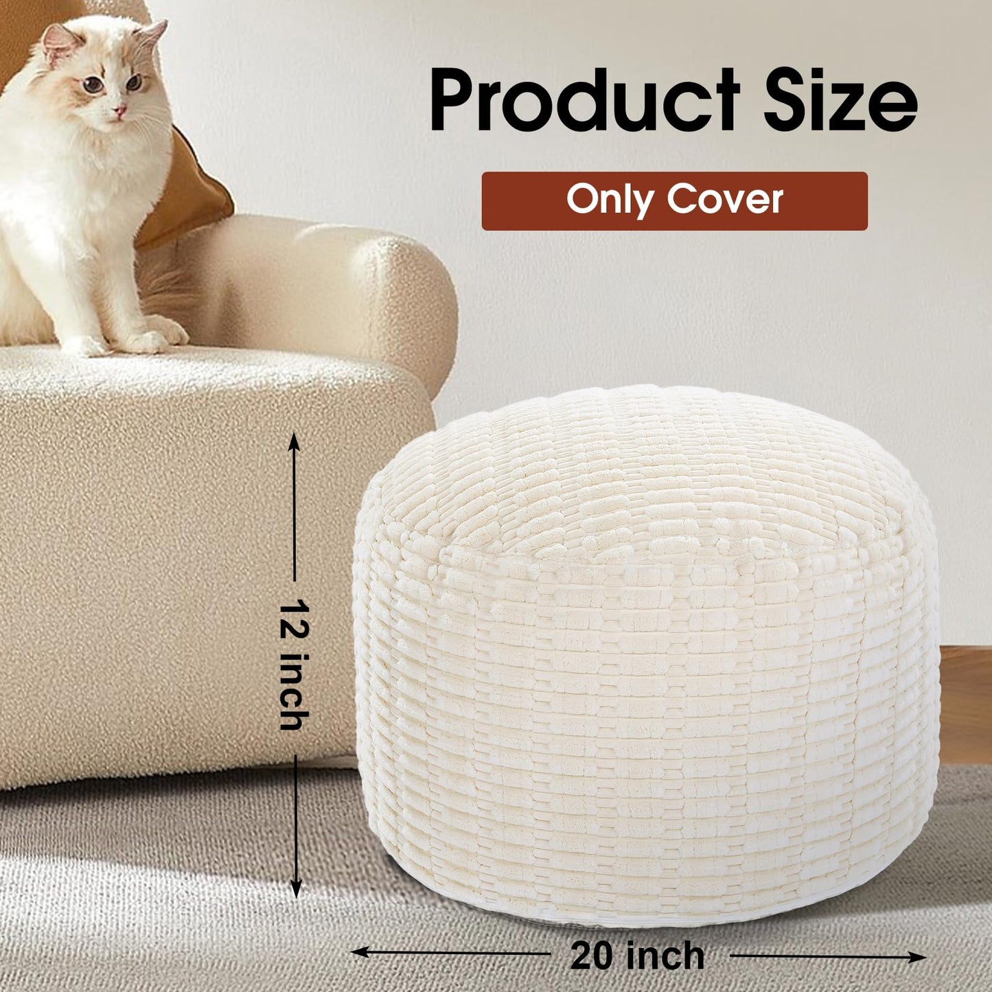 HOMBYS Unstuffed Ottoman Pouf Cover,Round Faux Fur Foot Stool, Fuzzy Chair, Floor Bean Bag(No Filler),Foot Rest with Storage for Living Room, Bedroom, Office, Striped Tufted (Beige)
