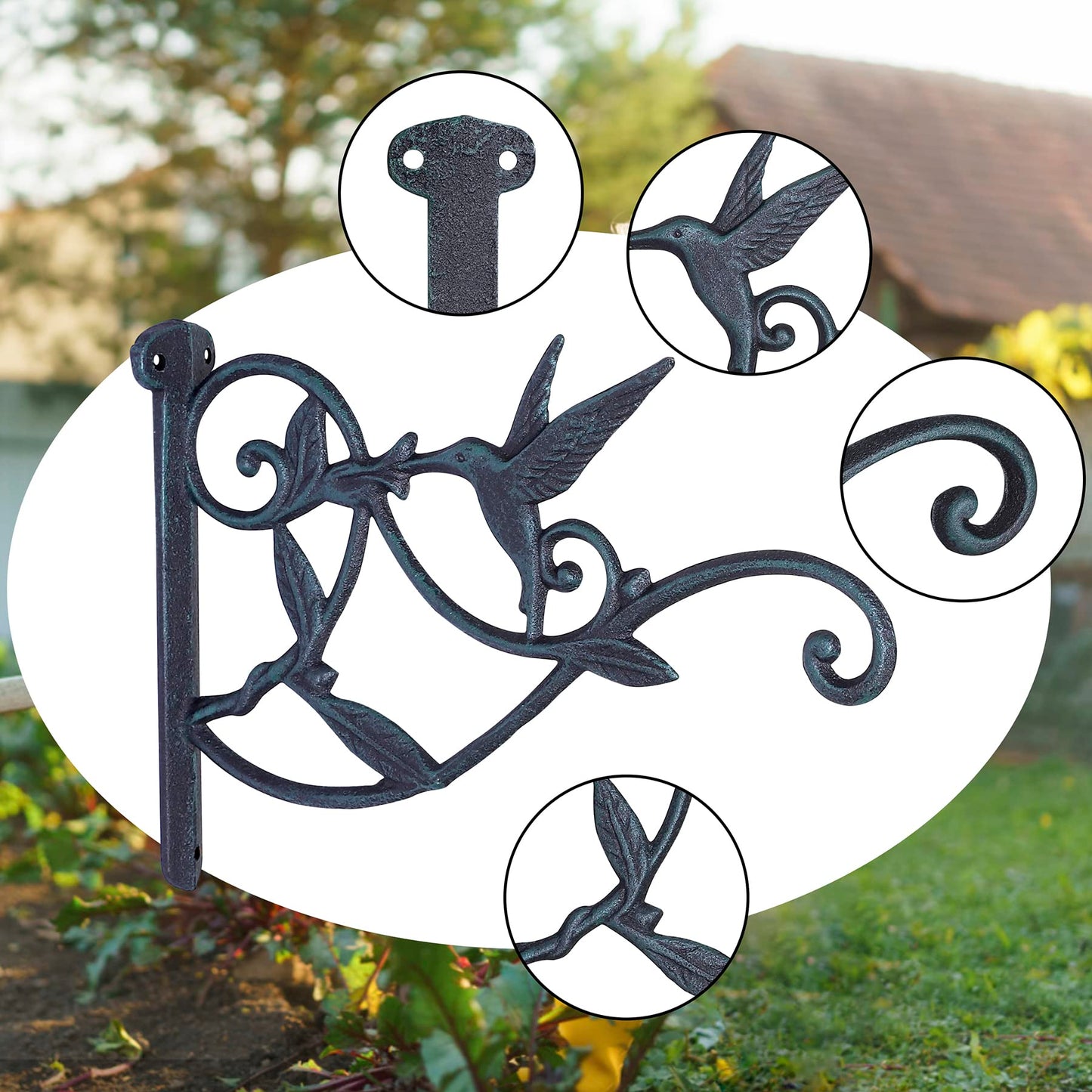 FLORWOD 2pcs Outdoor Hangers for Plants Heavy Duty, Decorative Plant Hooks for Wall 10 Inch, Cast Iron Metal Hummingbird Hooks, Rustic Atrovirens