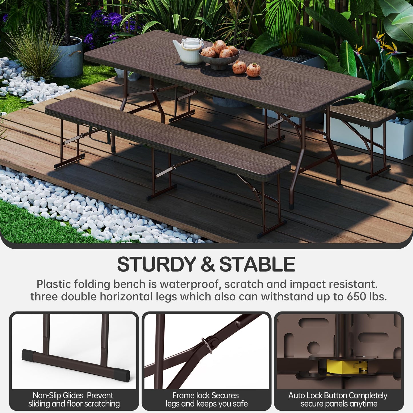 VSOAEIL 6 Foot Folding Bench, Portable Plastic Folding Bench Seat, Foldable Seat for Indoor Outdoor Picnic Camping Dining, Soccer Garden Multipurpose Entertaining Activities, Brown, 2 Pack