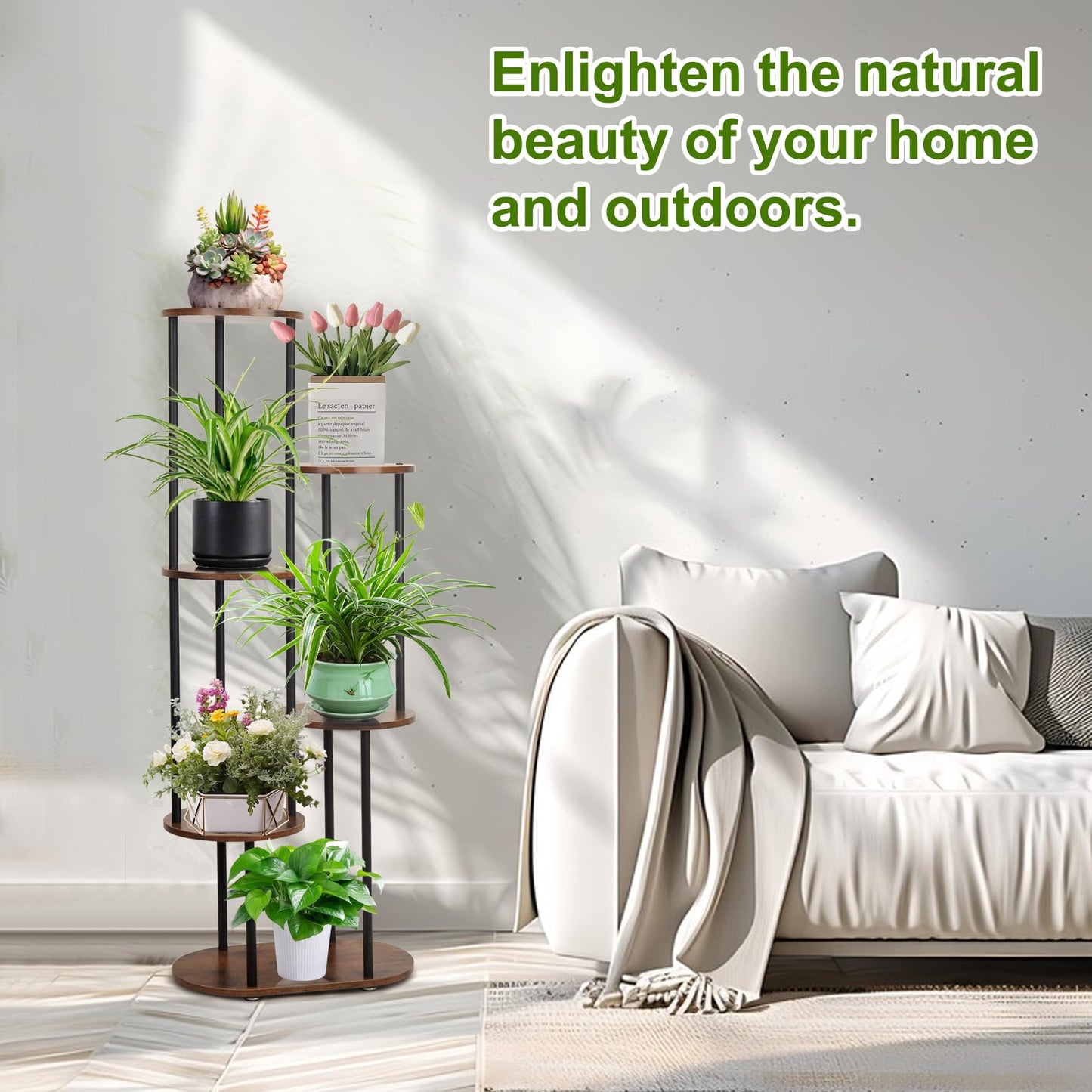 Exrisiry Plant Stand Indoor - 6 Tiers Plant Holder Indoor 7 Pots Flower Plant Shelf, 44.8 Inch Tall Large Wooden Plant Rack for Living Room, Patio, Balcony Decor, Gardening Gift, Black