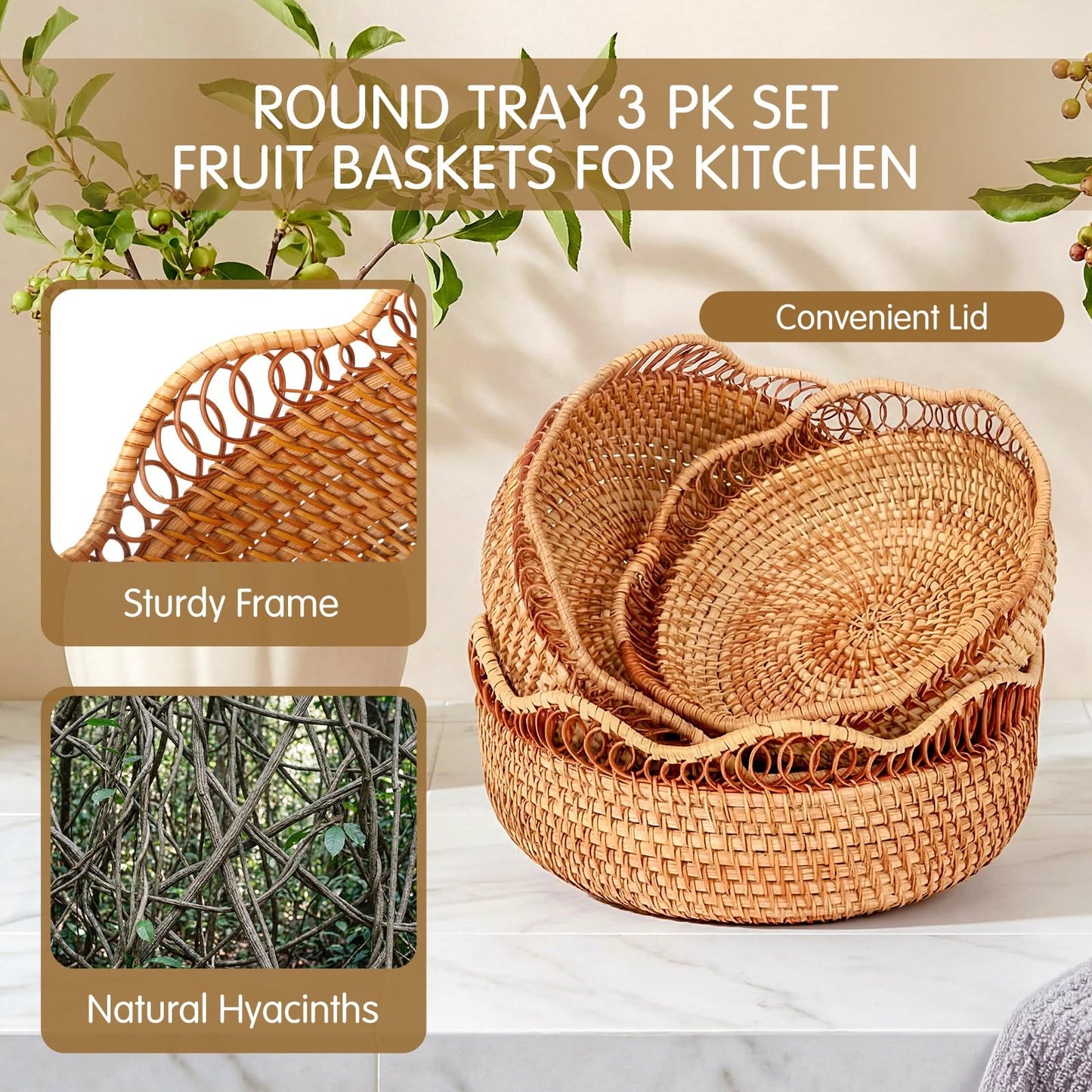 Teecyhooo Set of 3 Rattan Bread Basket for Serving Wicker Bread Basket Woven Round Fruit Serving Bowl Natural Handmade Food Storage Bowl Wavy Edge Tray Boho Decorative Tray for Kitchen Counter Decor